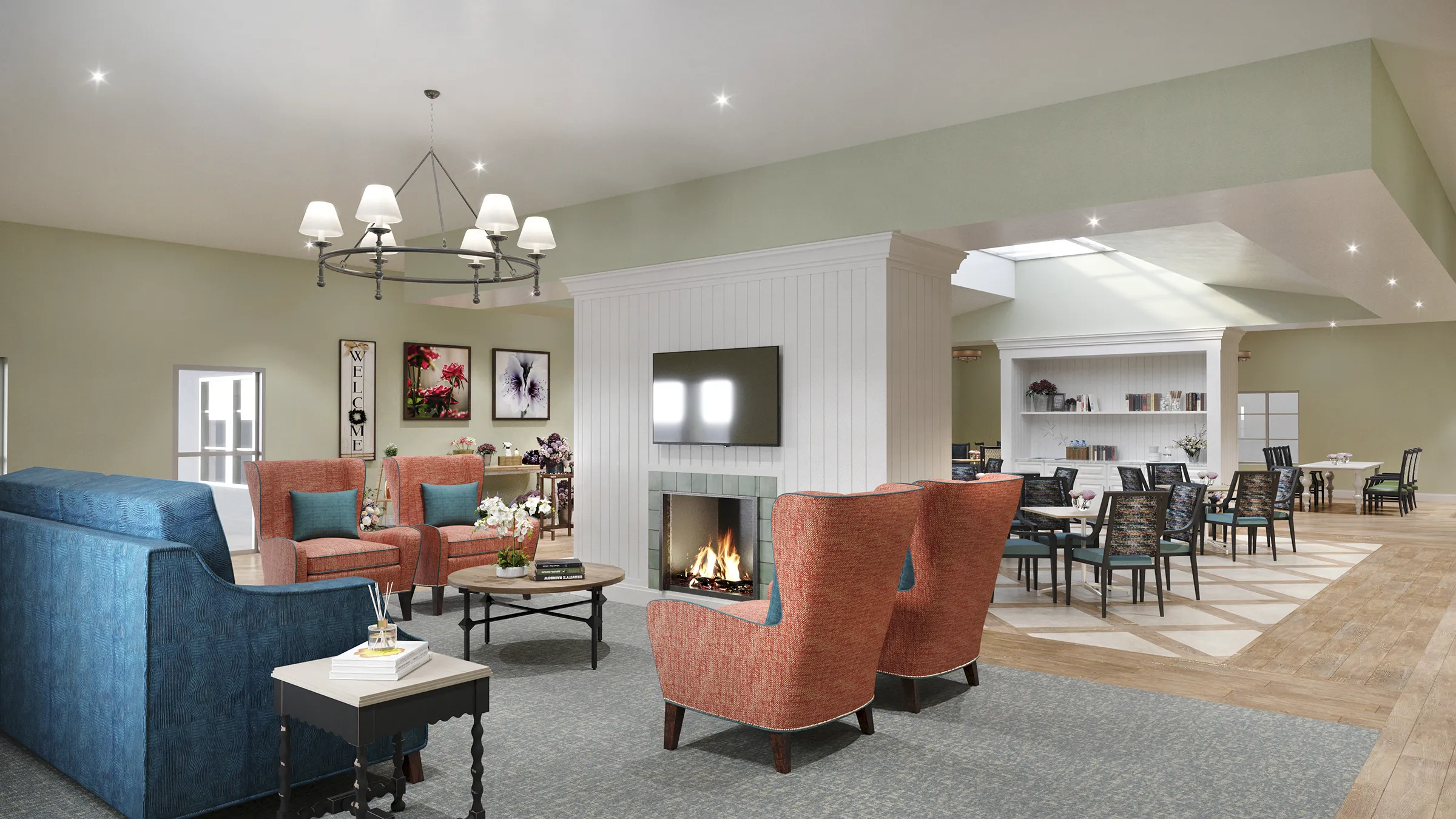 rendering of activity area with fireplace and couches with tables and chairs