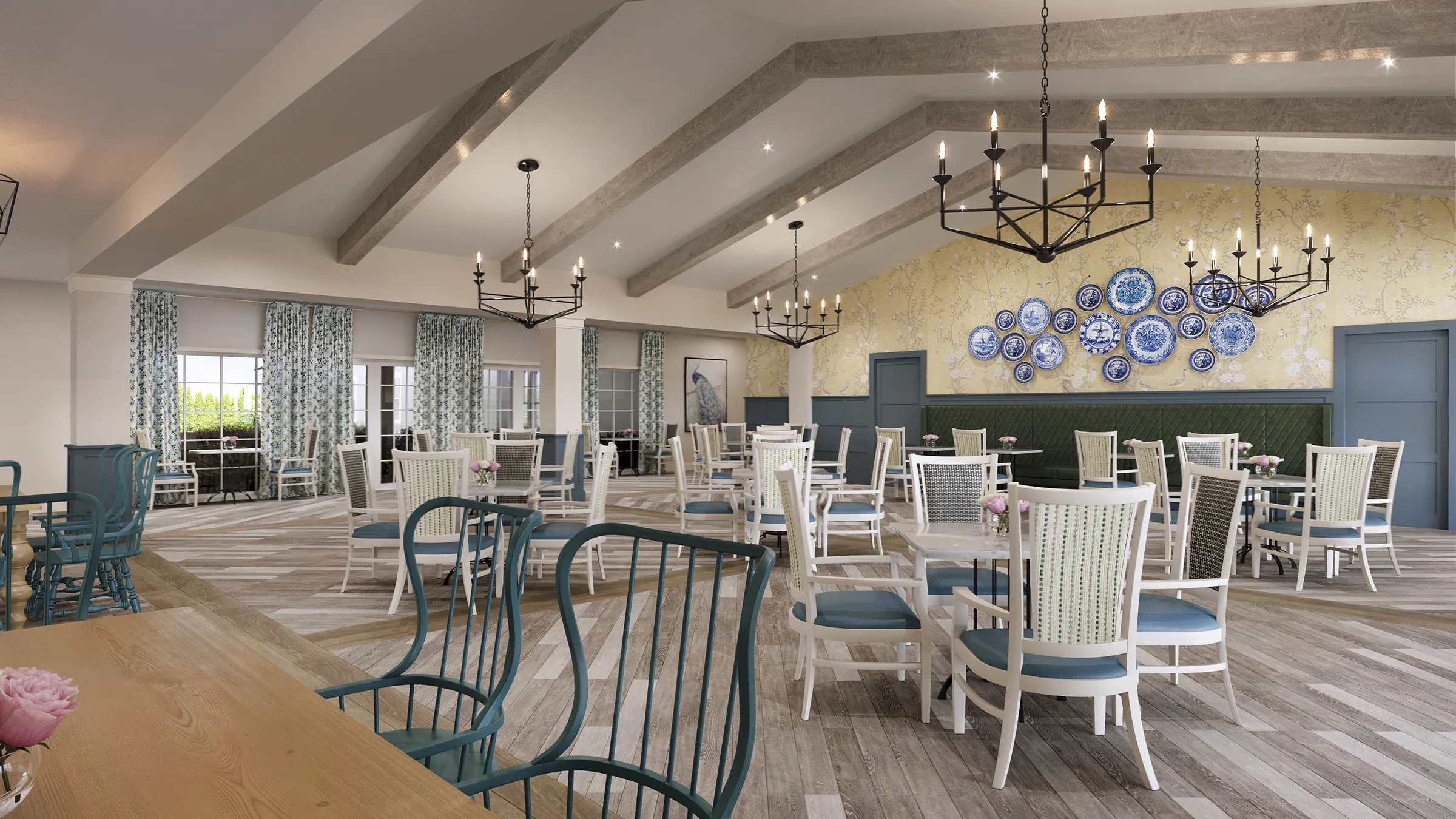 rendering of dining hall in senior living community with multiple table and chairs