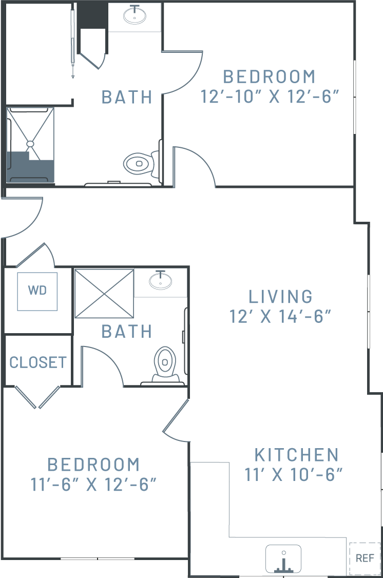 Floorplan of a two bedroom unit at Sancerre Atlee Station