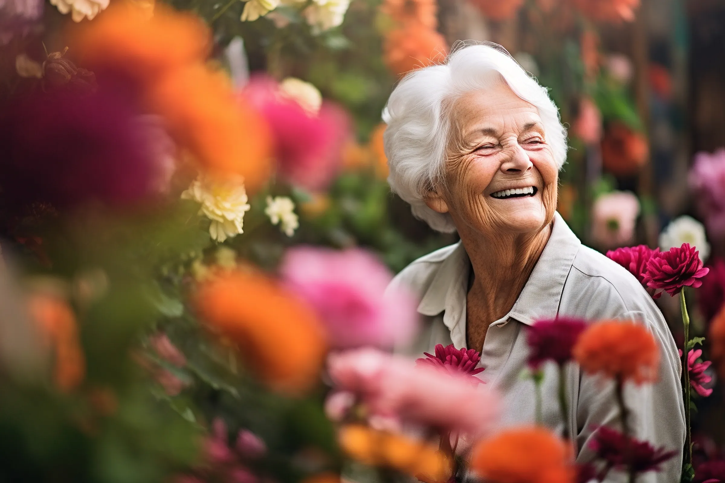 older woman smiling outside in garden surrounded by colorful flowers